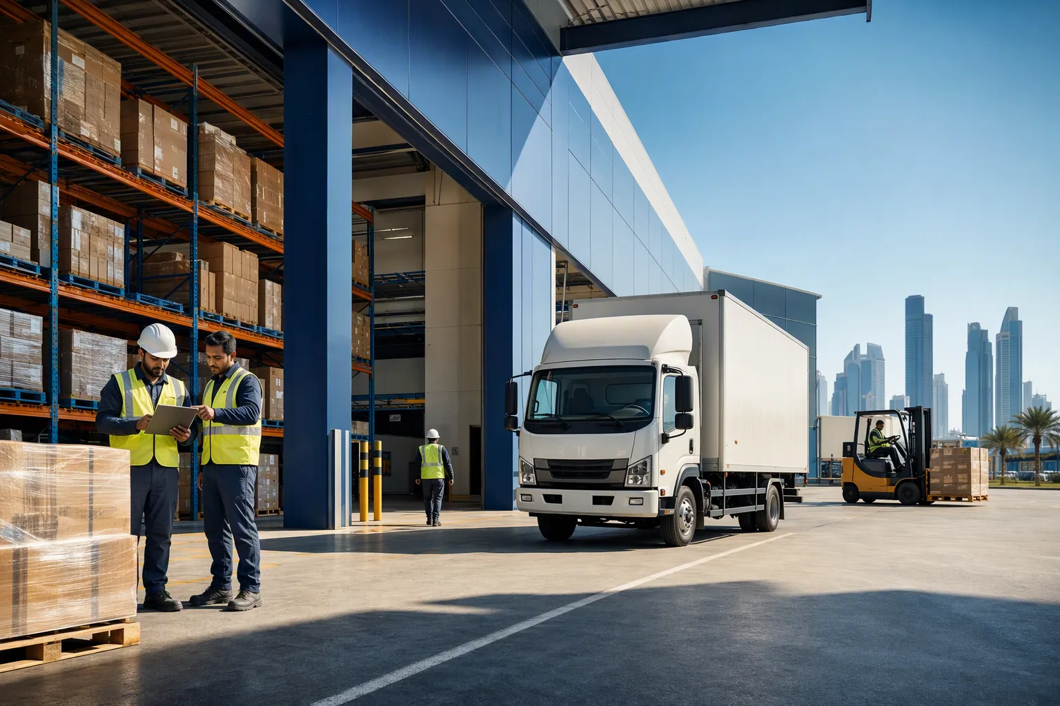 Illustrative image of a warehouse and transport vehicle